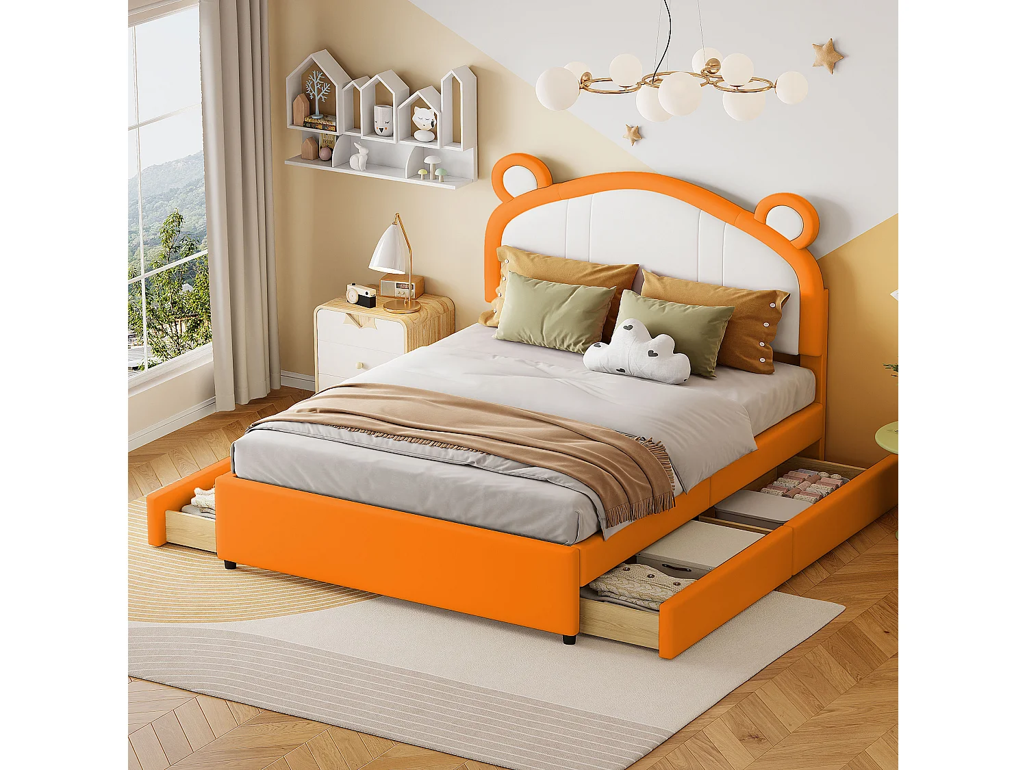 Gestoffeerd bed 140 x 200 met 4 lades - Gestoffeerd in PU leer - Hoofdeinde met oren - Lattenbodem - Oranje