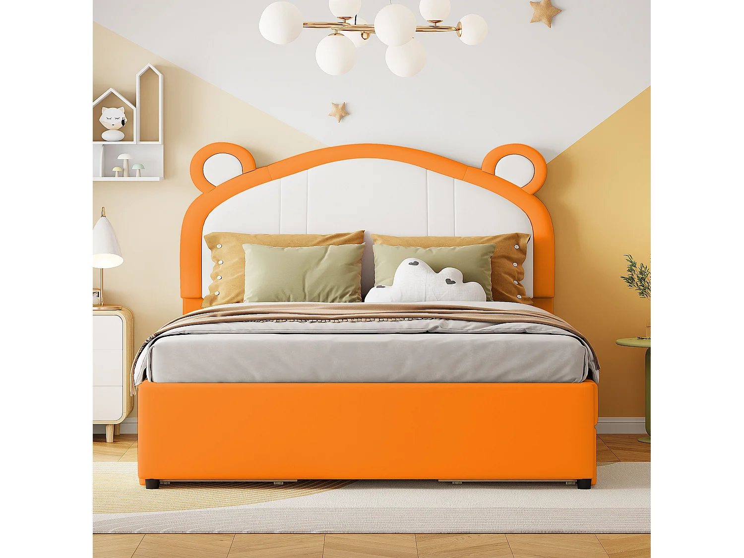 Gestoffeerd bed 140 x 200 met 4 lades - Gestoffeerd in PU leer - Hoofdeinde met oren - Lattenbodem - Oranje