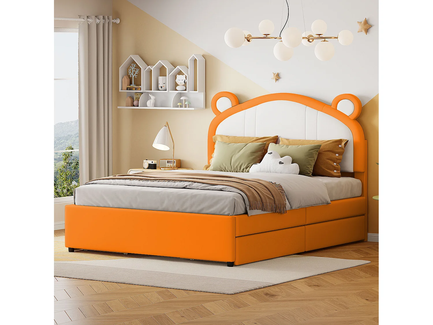 Gestoffeerd bed 140 x 200 met 4 lades - Gestoffeerd in PU leer - Hoofdeinde met oren - Lattenbodem - Oranje