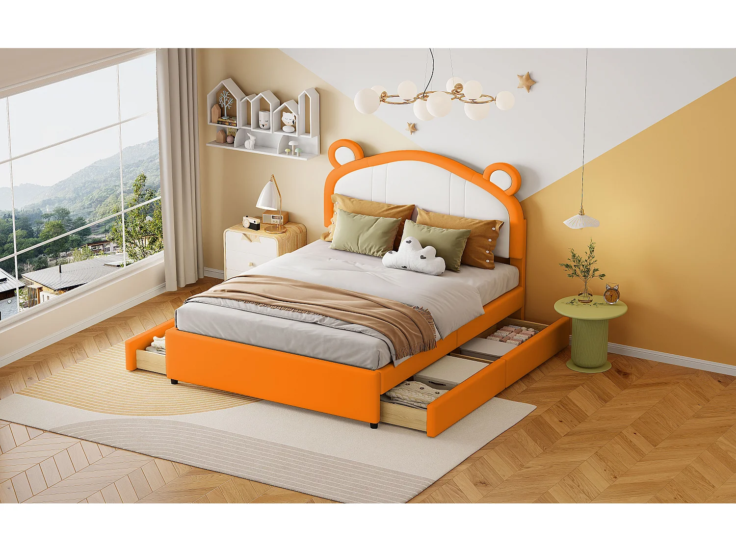 Gestoffeerd bed 140 x 200 met 4 lades - Gestoffeerd in PU leer - Hoofdeinde met oren - Lattenbodem - Oranje