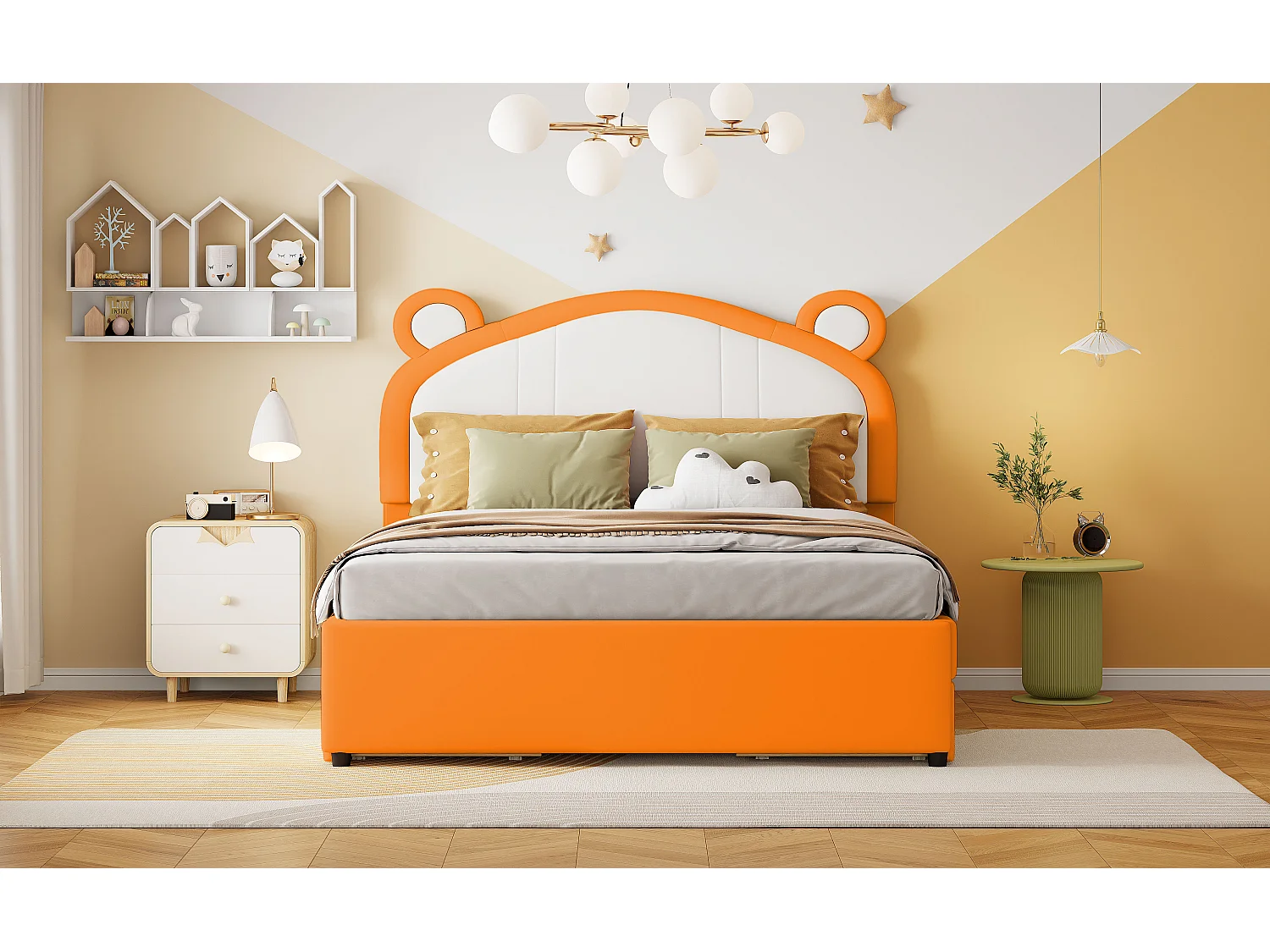 Gestoffeerd bed 140 x 200 met 4 lades - Gestoffeerd in PU leer - Hoofdeinde met oren - Lattenbodem - Oranje