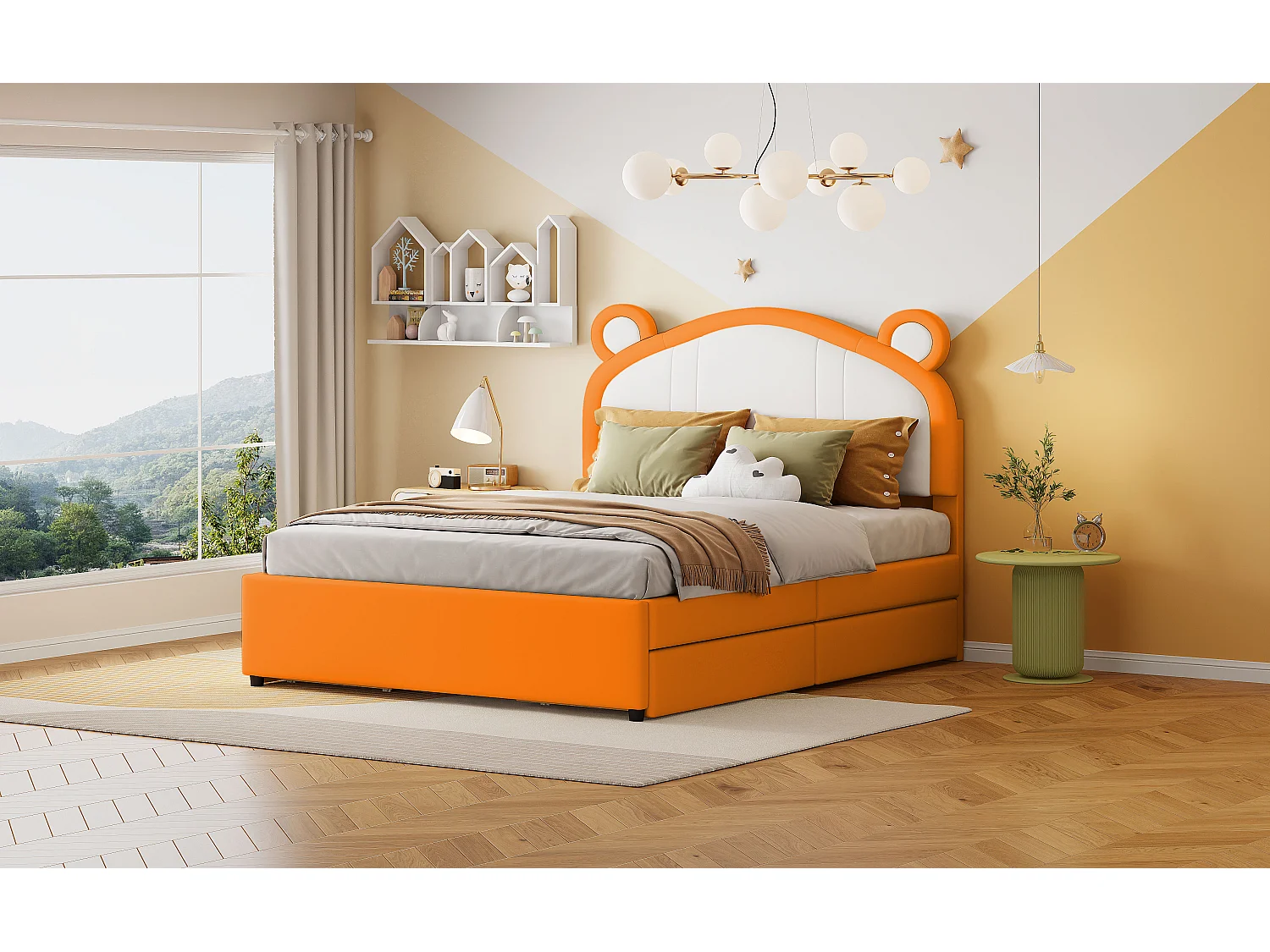 Gestoffeerd bed 140 x 200 met 4 lades - Gestoffeerd in PU leer - Hoofdeinde met oren - Lattenbodem - Oranje