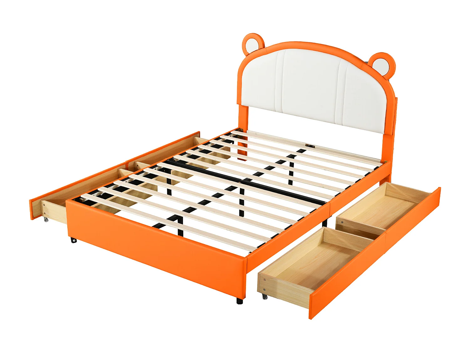 Gestoffeerd bed 140 x 200 met 4 lades - Gestoffeerd in PU leer - Hoofdeinde met oren - Lattenbodem - Oranje