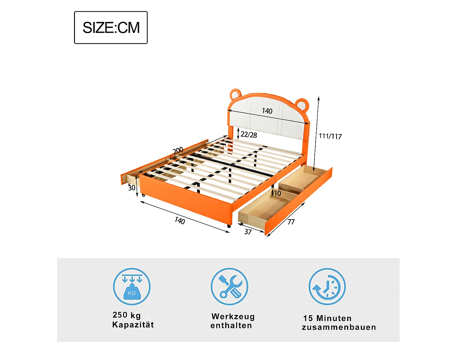 Gestoffeerd bed 140 x 200 met 4 lades - Gestoffeerd in PU leer - Hoofdeinde met oren - Lattenbodem - Oranje