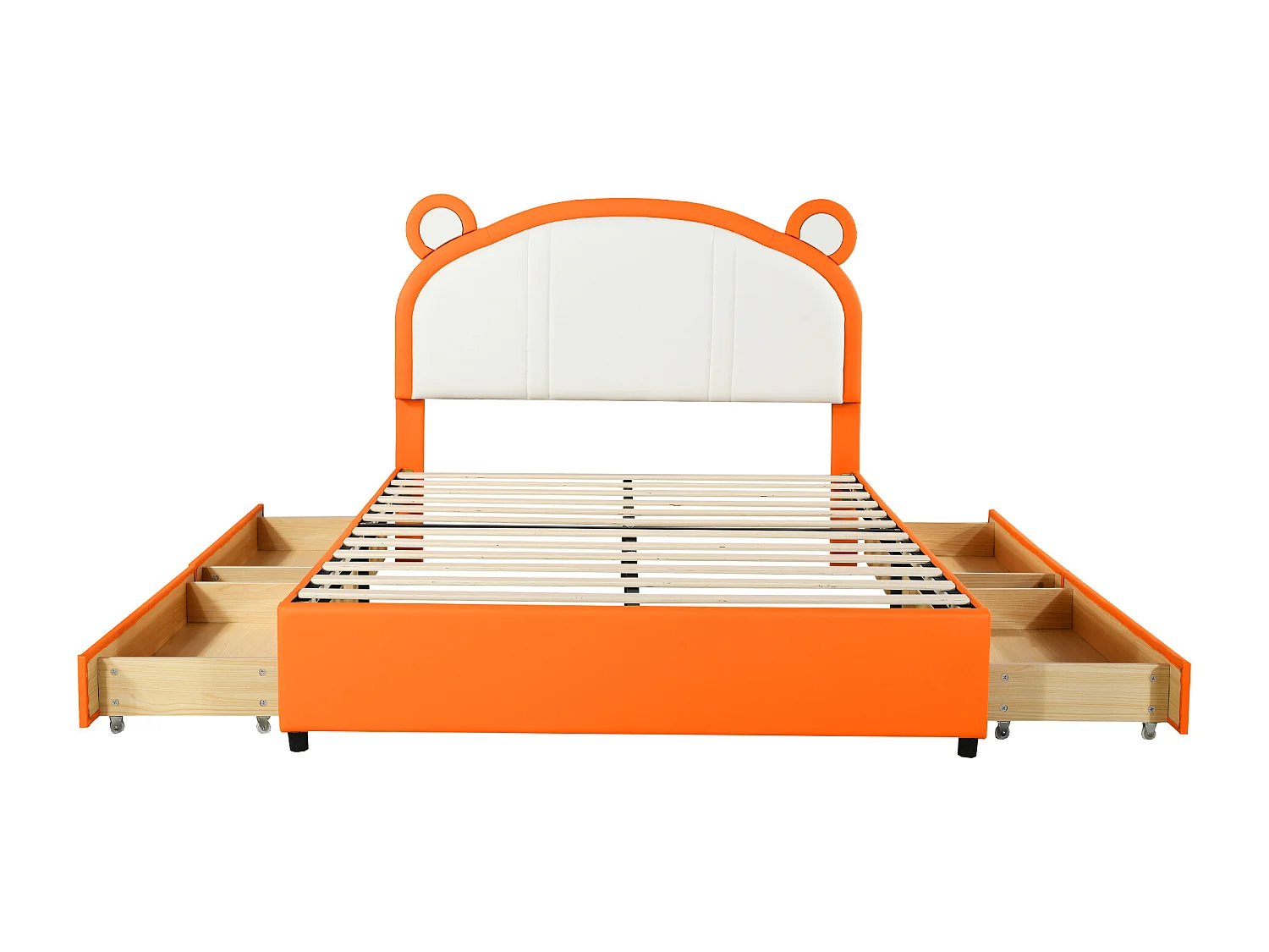 Gestoffeerd bed 140 x 200 met 4 lades - Gestoffeerd in PU leer - Hoofdeinde met oren - Lattenbodem - Oranje