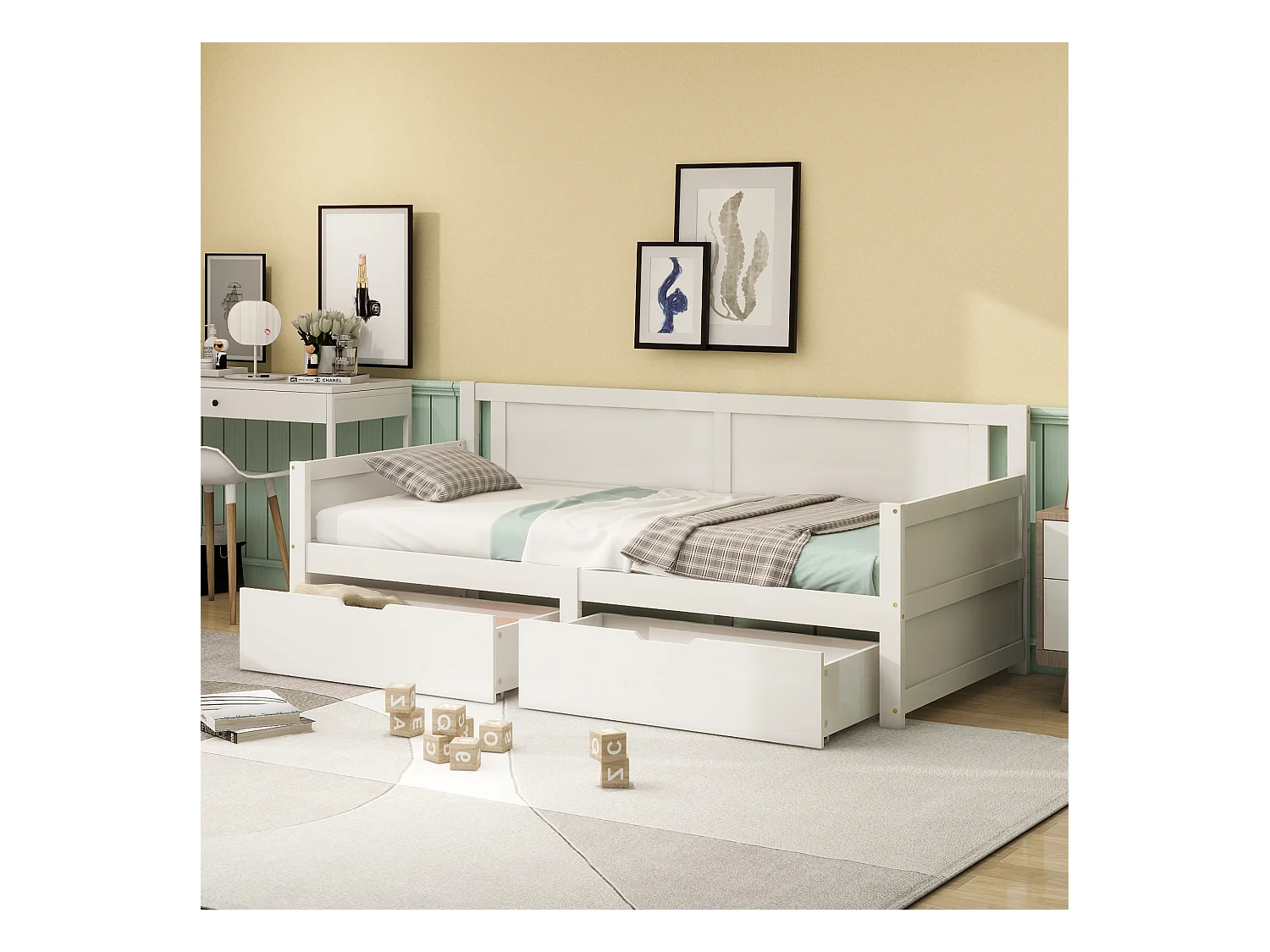 Einzelbett 90 x 200 cm mit 2 Schubladen aus Massivholz für Kinder – Lattenrost – Weiß