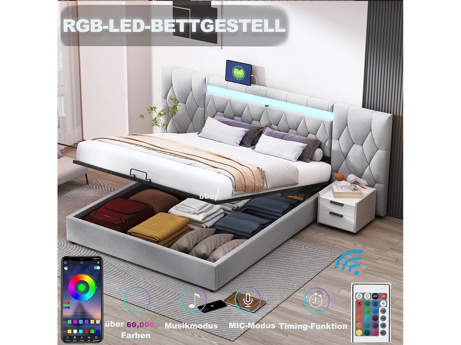 Eleganckie łóżko tapicerowane 180 x 200 cm z dużym oparciem, tapicerka welurowa, z gniazdem LED i USB, szare