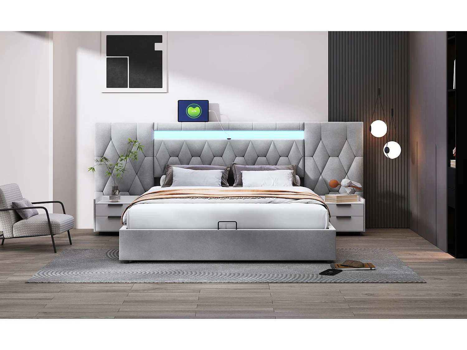 Eleganckie łóżko tapicerowane 180 x 200 cm z dużym oparciem, tapicerka welurowa, z gniazdem LED i USB, szare