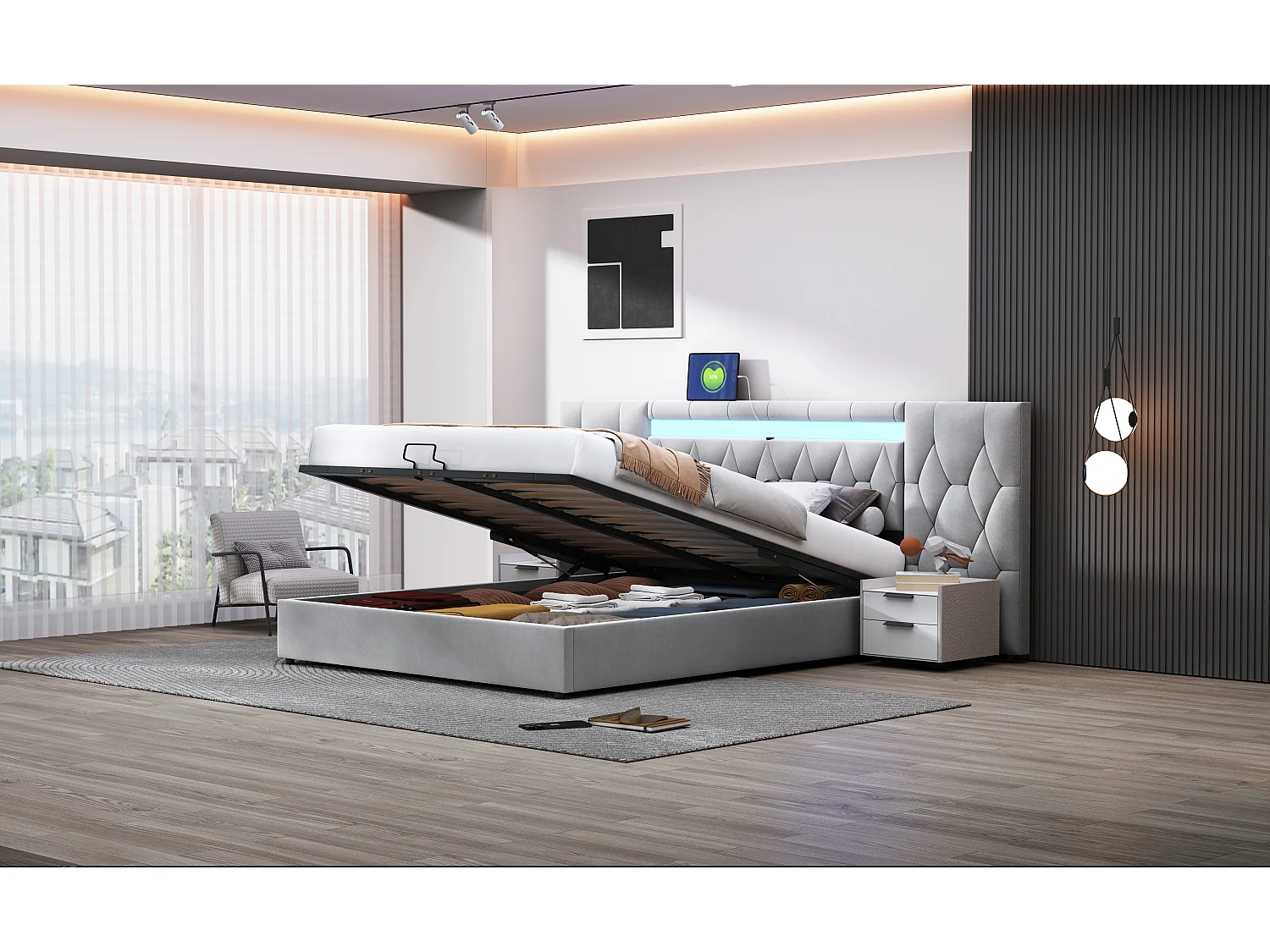Elegant gestoffeerd bed 180 x 200 cm met grote rugleuning, bekleed met fluweel, met LED en USB-aansluiting, grijs