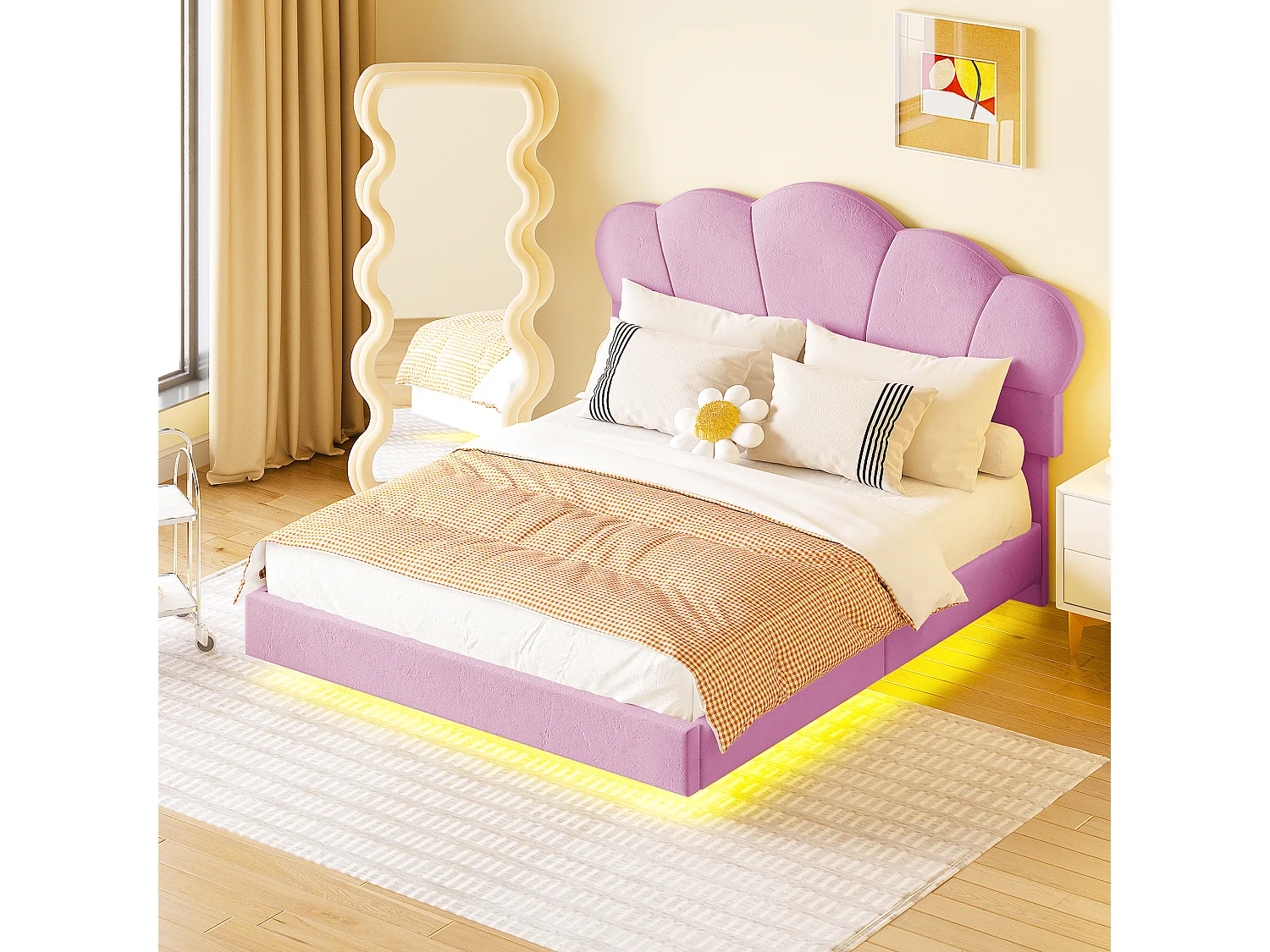 Lit rembourré 140 x 200 cm avec bande LED, tissu velours, motif en nuage, rose