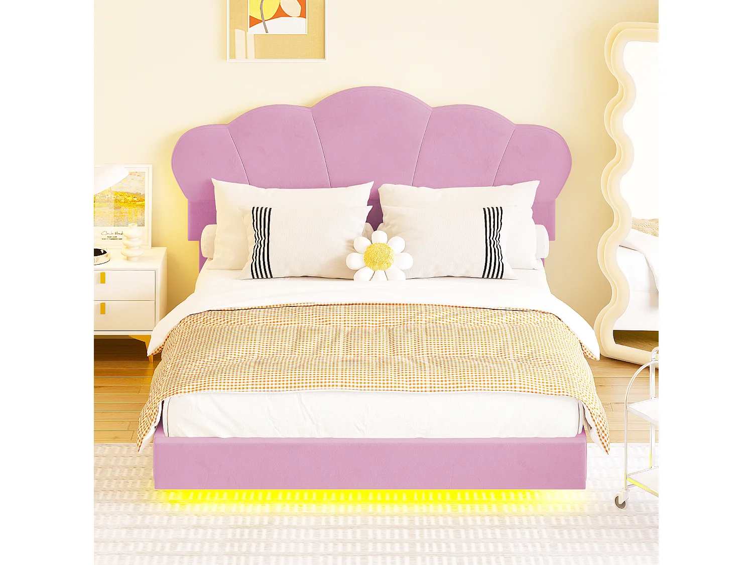 Lit rembourré 140 x 200 cm avec bande LED, tissu velours, motif en nuage, rose