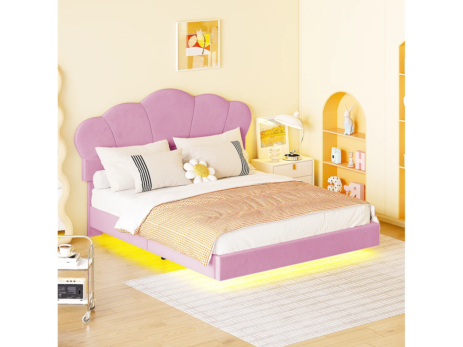 Lit rembourré 140 x 200 cm avec bande LED, tissu velours, motif en nuage, rose