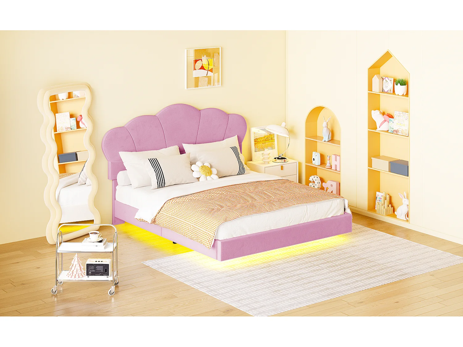 Lit rembourré 140 x 200 cm avec bande LED, tissu velours, motif en nuage, rose