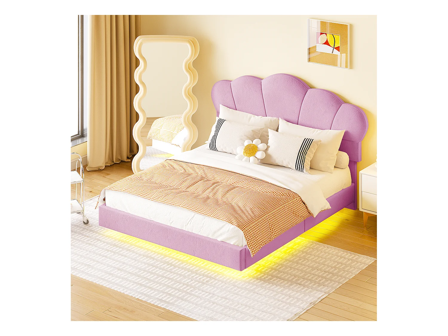 Gestoffeerd bed 140 x 200 cm met LED-strip, fluwelen stof, wolkenpatroon, roze