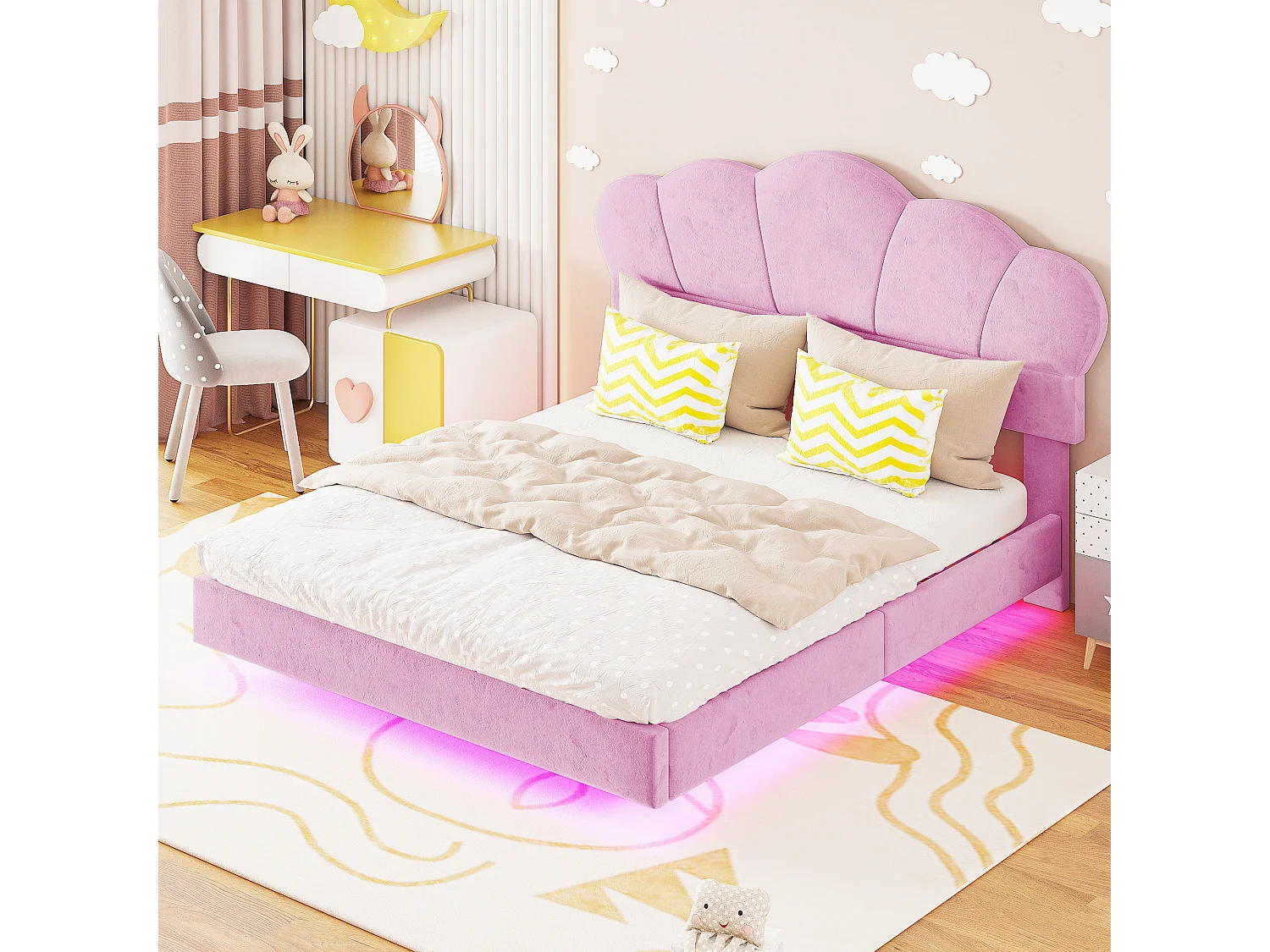 Gestoffeerd bed 140 x 200 cm met LED-strip, fluwelen stof, wolkenpatroon, roze