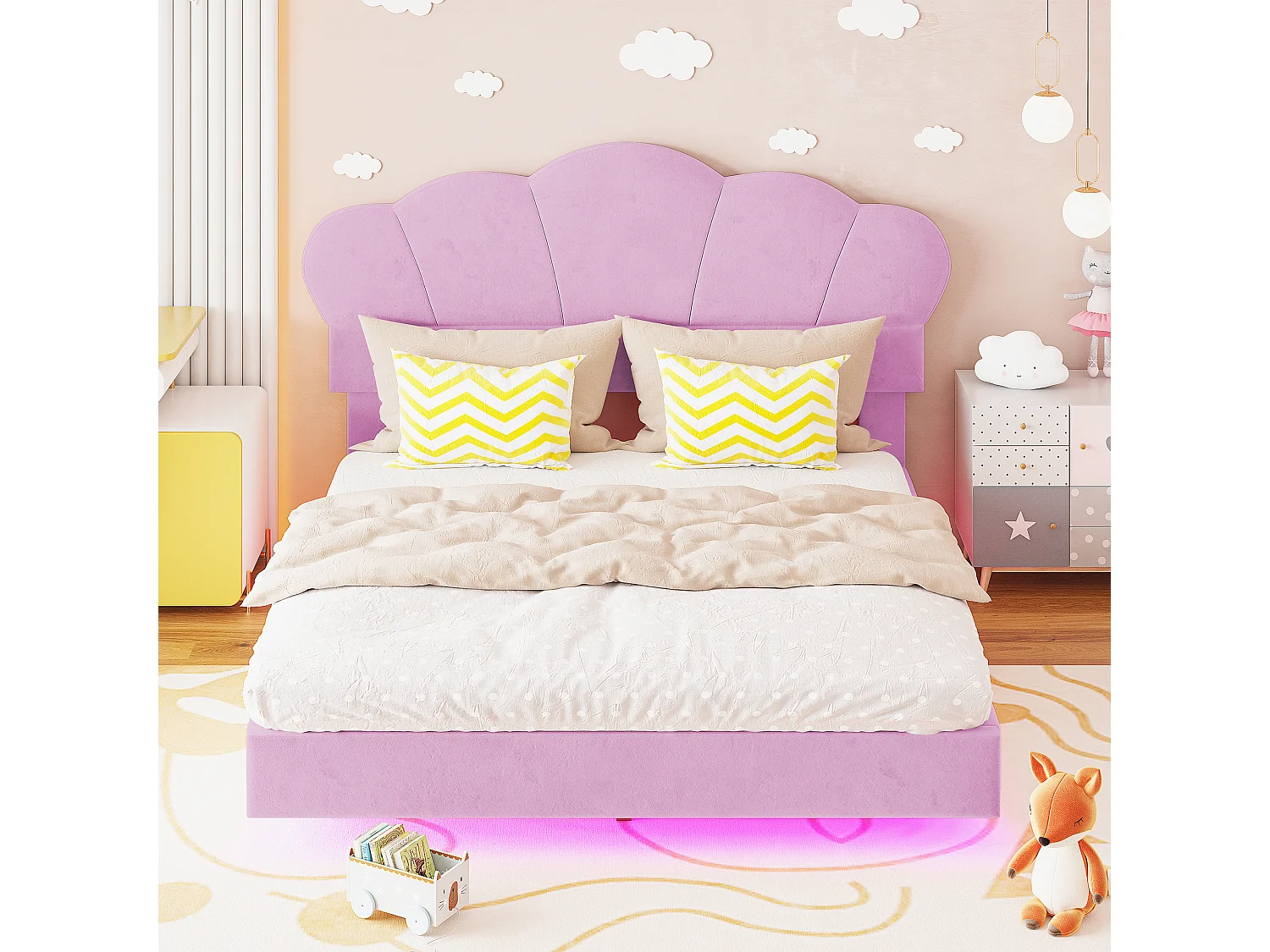 Gestoffeerd bed 140 x 200 cm met LED-strip, fluwelen stof, wolkenpatroon, roze