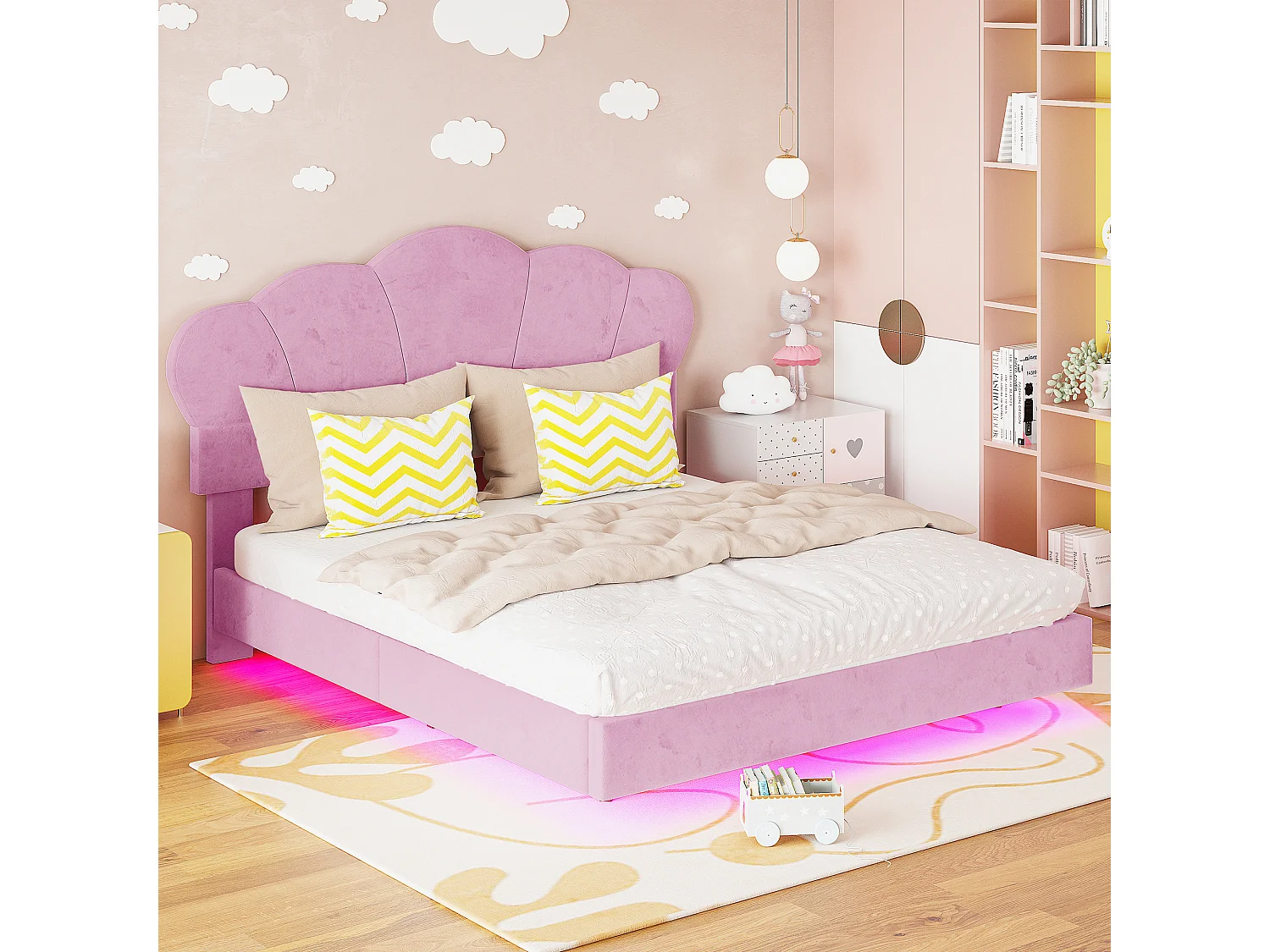 Gestoffeerd bed 140 x 200 cm met LED-strip, fluwelen stof, wolkenpatroon, roze