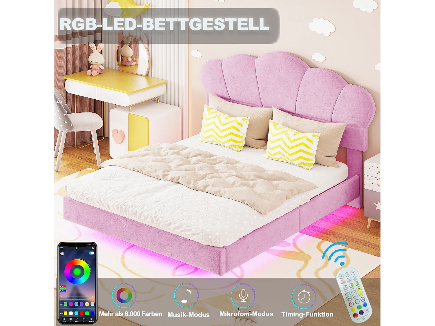 Gestoffeerd bed 140 x 200 cm met LED-strip, fluwelen stof, wolkenpatroon, roze