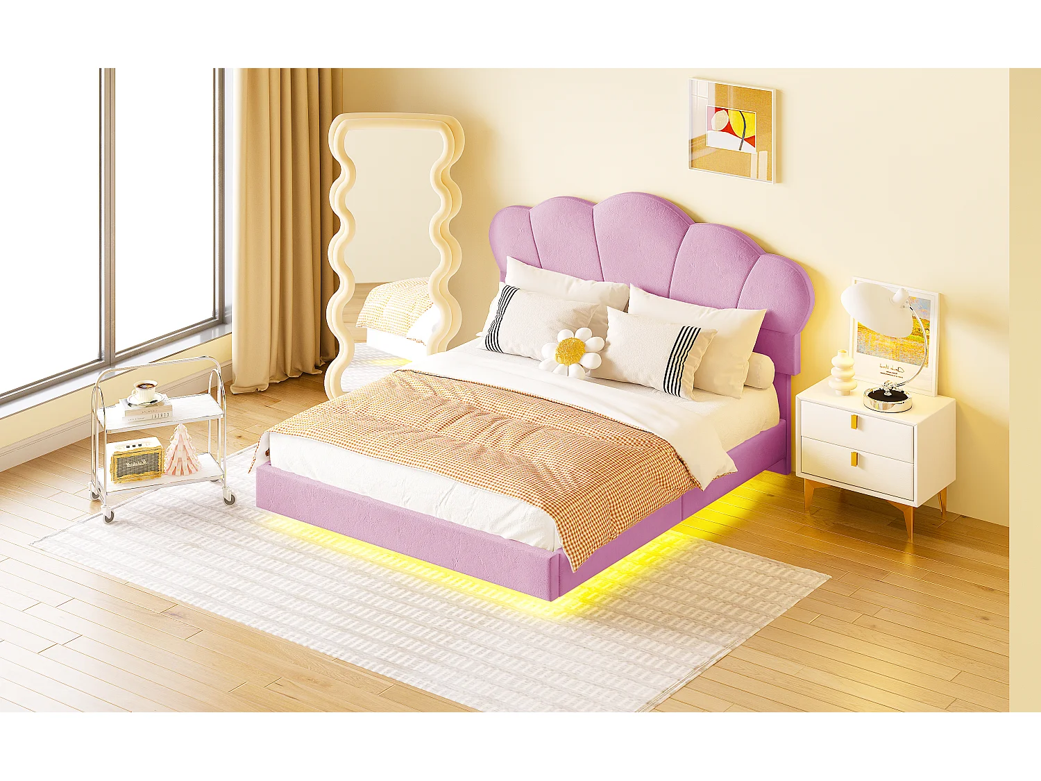 Gestoffeerd bed 140 x 200 cm met LED-strip, fluwelen stof, wolkenpatroon, roze