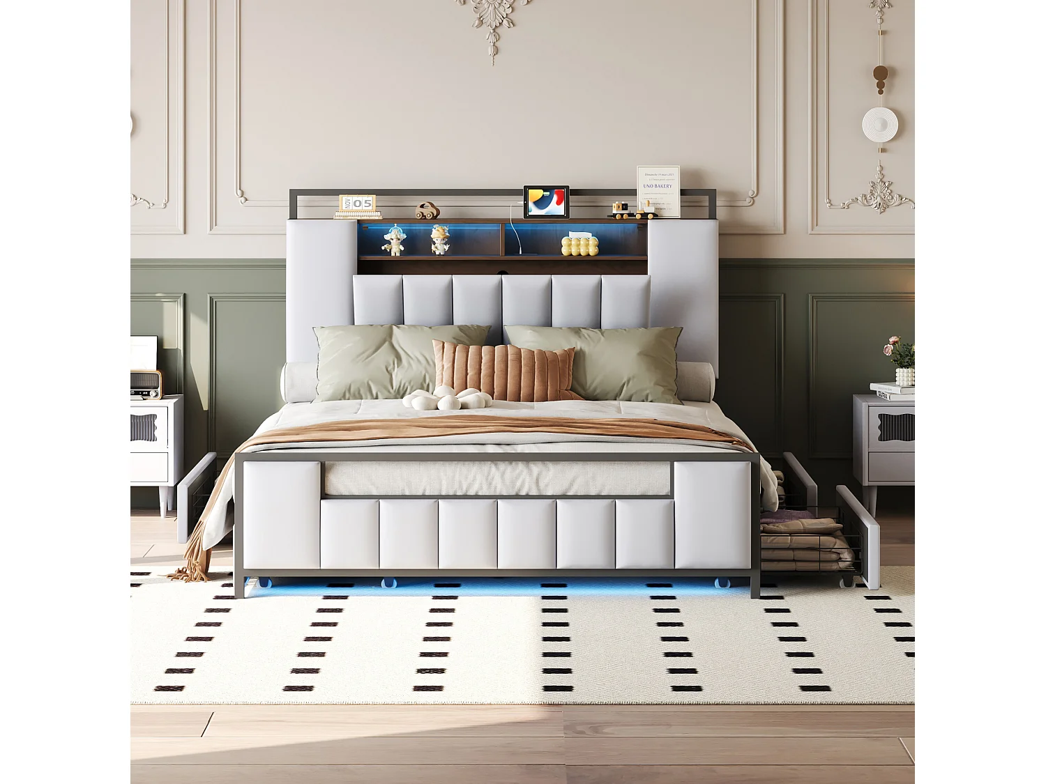 Lit capitonné 160 x 200 cm avec 4 tiroirs - LEDs + prise USB - Métal et simili cuir - Blanc