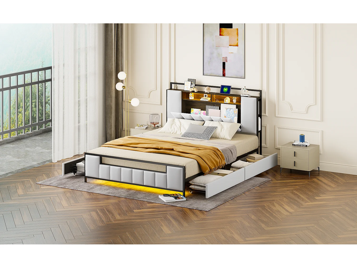 Lit capitonné 160 x 200 cm avec 4 tiroirs - LEDs + prise USB - Métal et simili cuir - Blanc