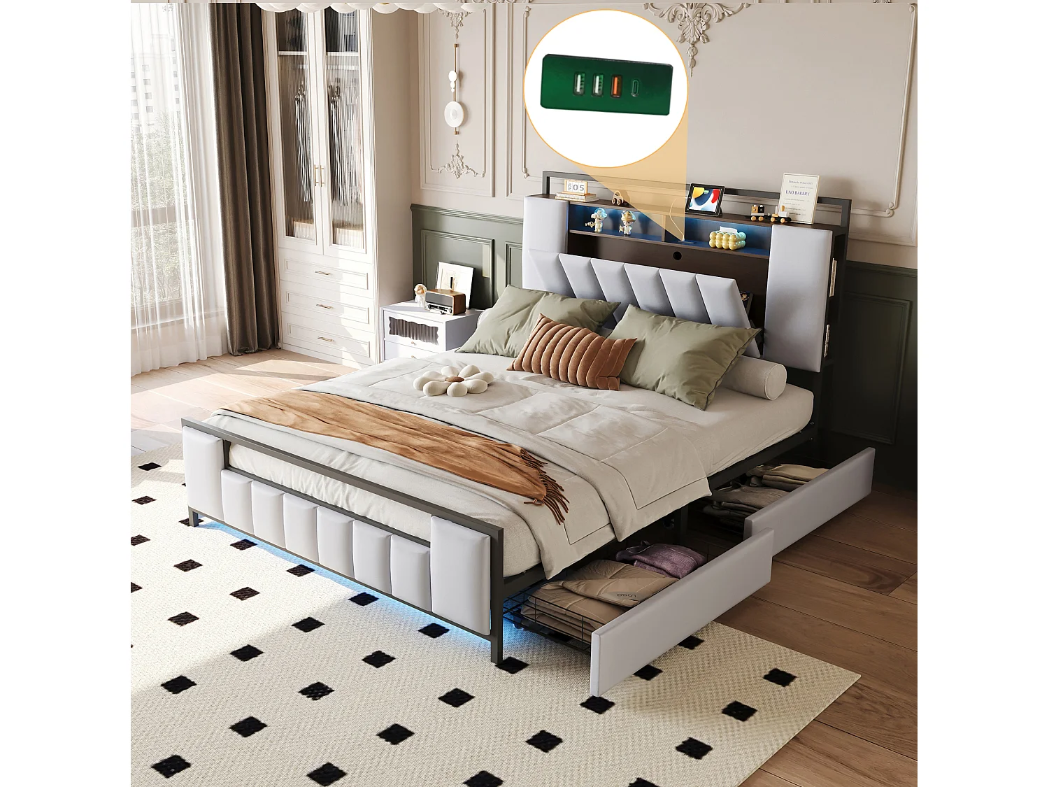 Gestoffeerd bed 160 x 200 cm met 4 laden - LED's + USB-aansluiting - Metaal en kunstleer - Wit