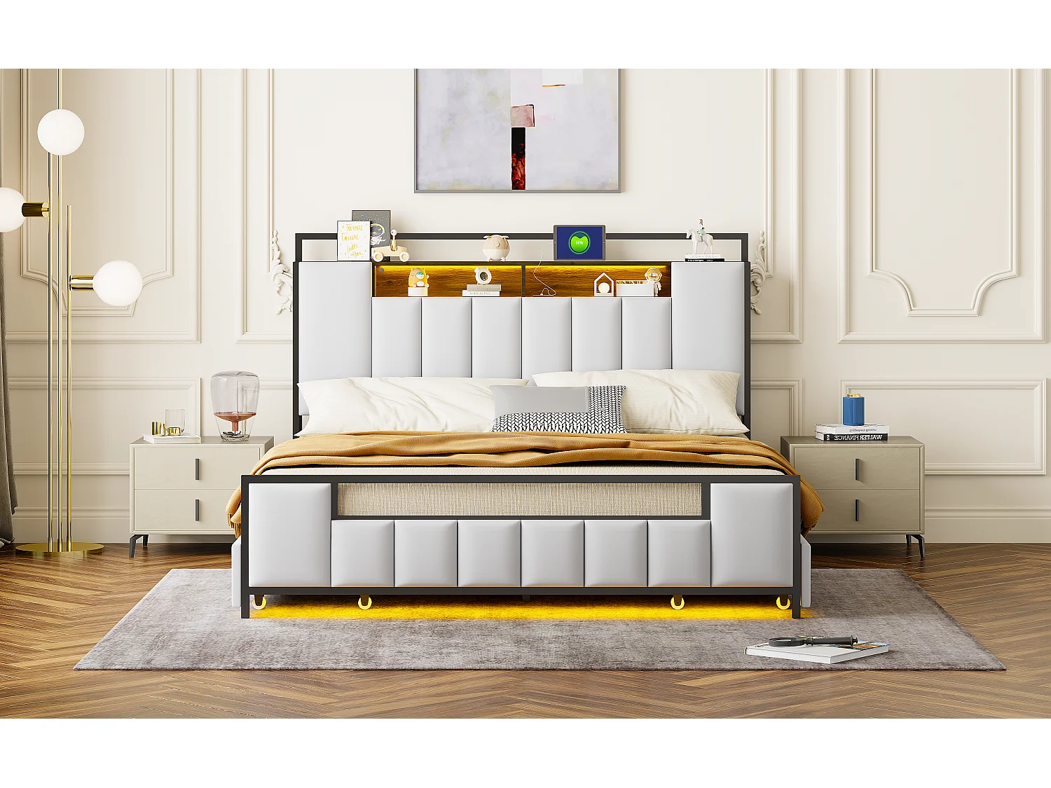 Gestoffeerd bed 160 x 200 cm met 4 laden - LED's + USB-aansluiting - Metaal en kunstleer - Wit