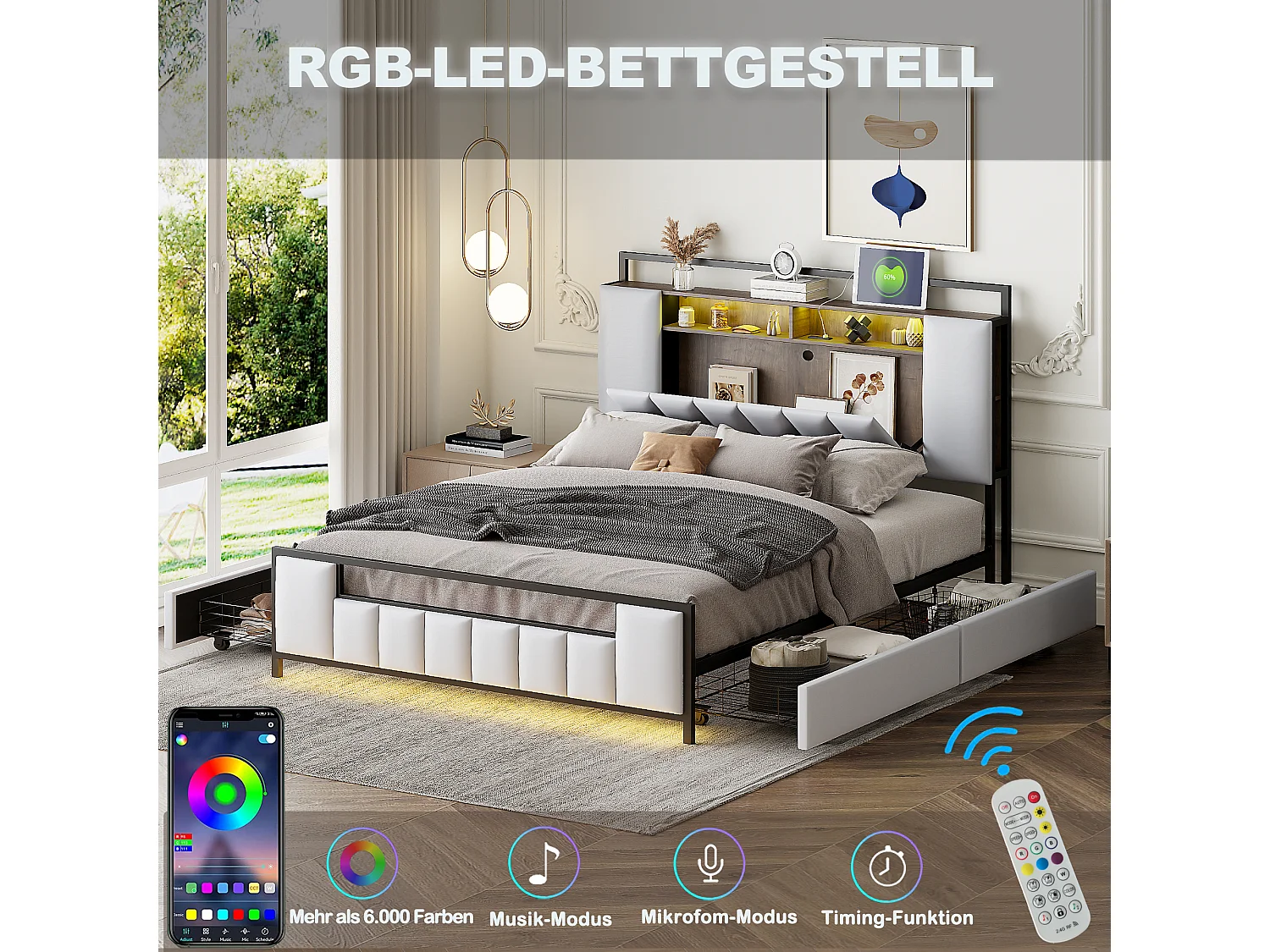 Gestoffeerd bed 160 x 200 cm met 4 laden - LED's + USB-aansluiting - Metaal en kunstleer - Wit