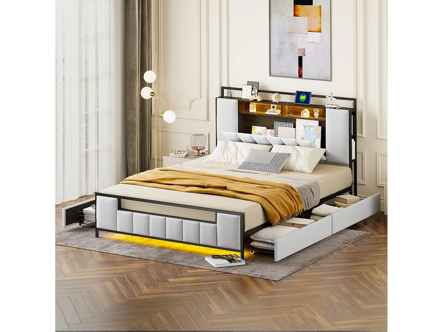 Gestoffeerd bed 160 x 200 cm met 4 laden - LED's + USB-aansluiting - Metaal en kunstleer - Wit