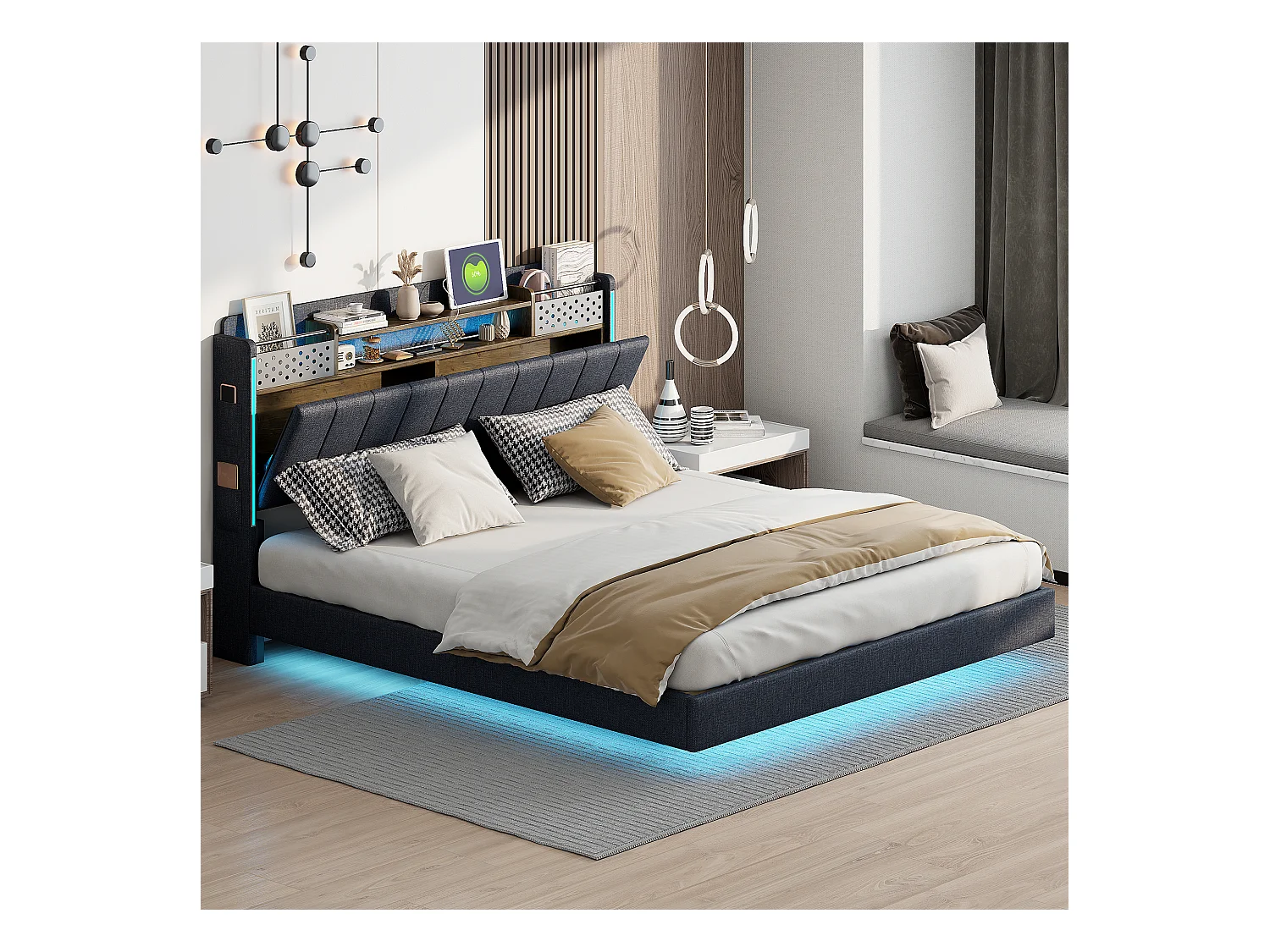 Lit capitonné 160 x 200 cm avec tête de lit rangement - Eclairage LED et prise USB - Tissu en lin - Gris