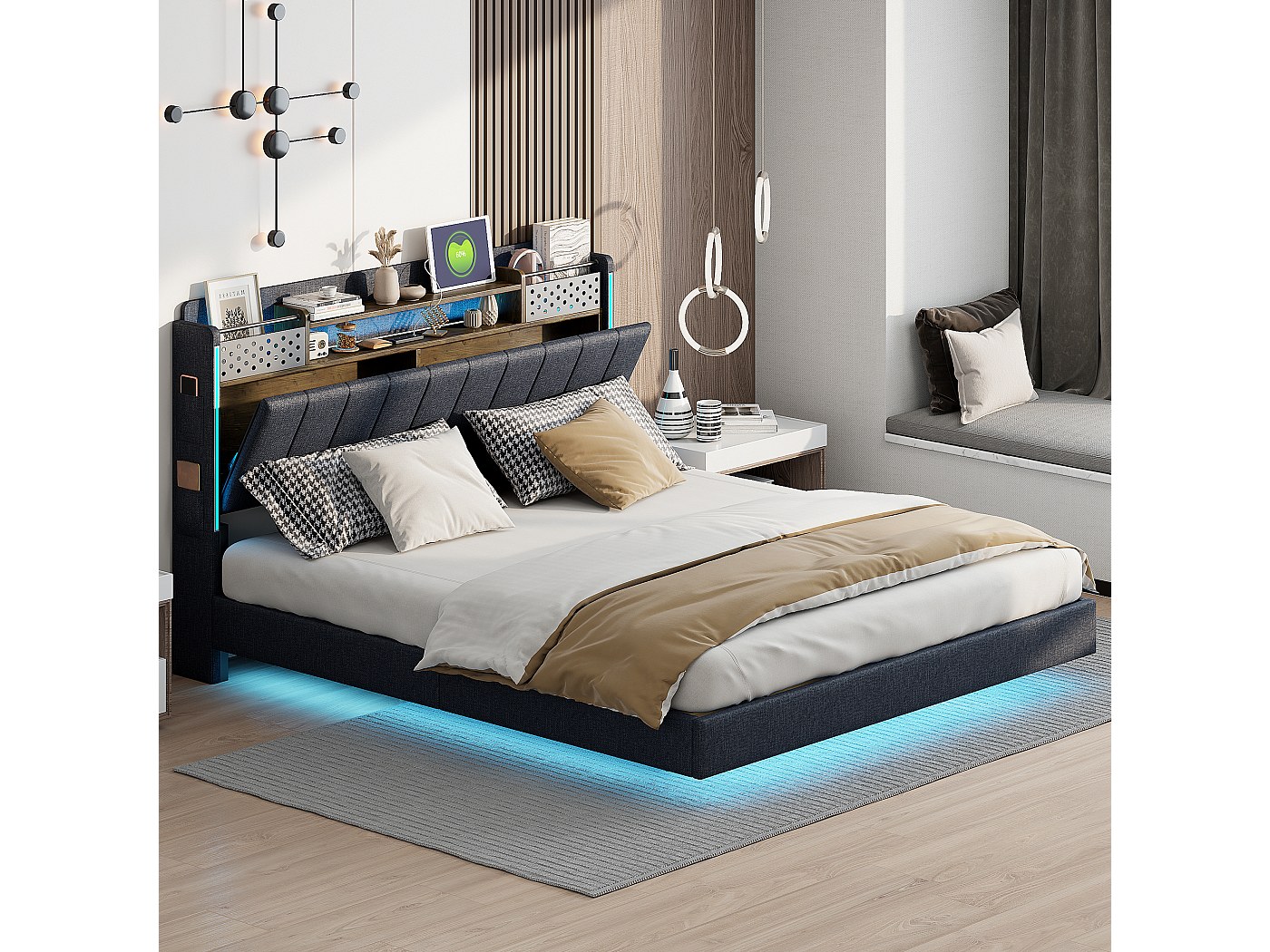 Letto adulto 160x200 cm - LED e 1 cassetto grande - Rete a doghe - Porta USB e Type C - Lino