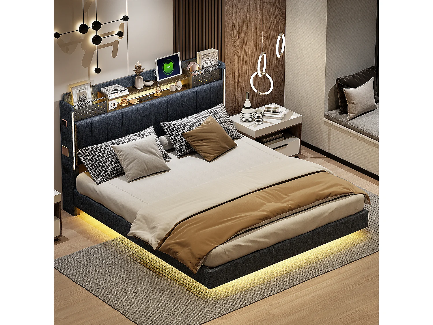 Lit capitonné 160 x 200 cm avec tête de lit rangement - Eclairage LED et prise USB - Tissu en lin - Gris