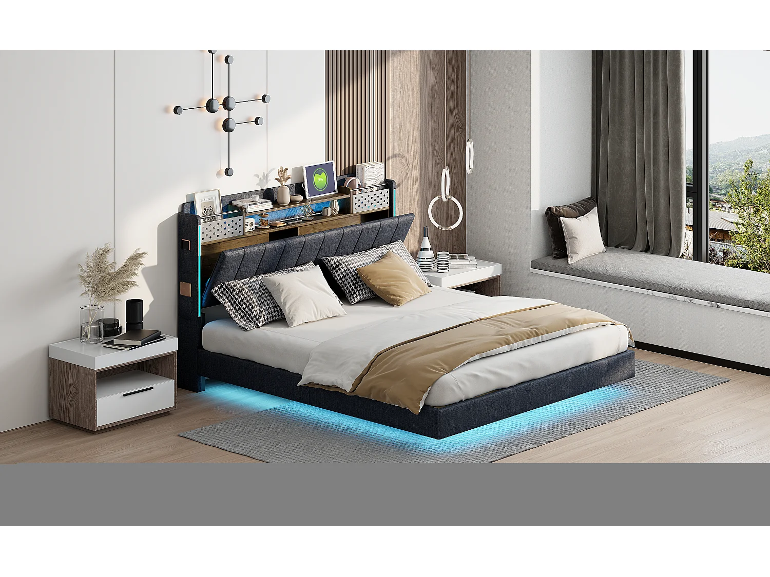 Lit capitonné 160 x 200 cm avec tête de lit rangement - Eclairage LED et prise USB - Tissu en lin - Gris