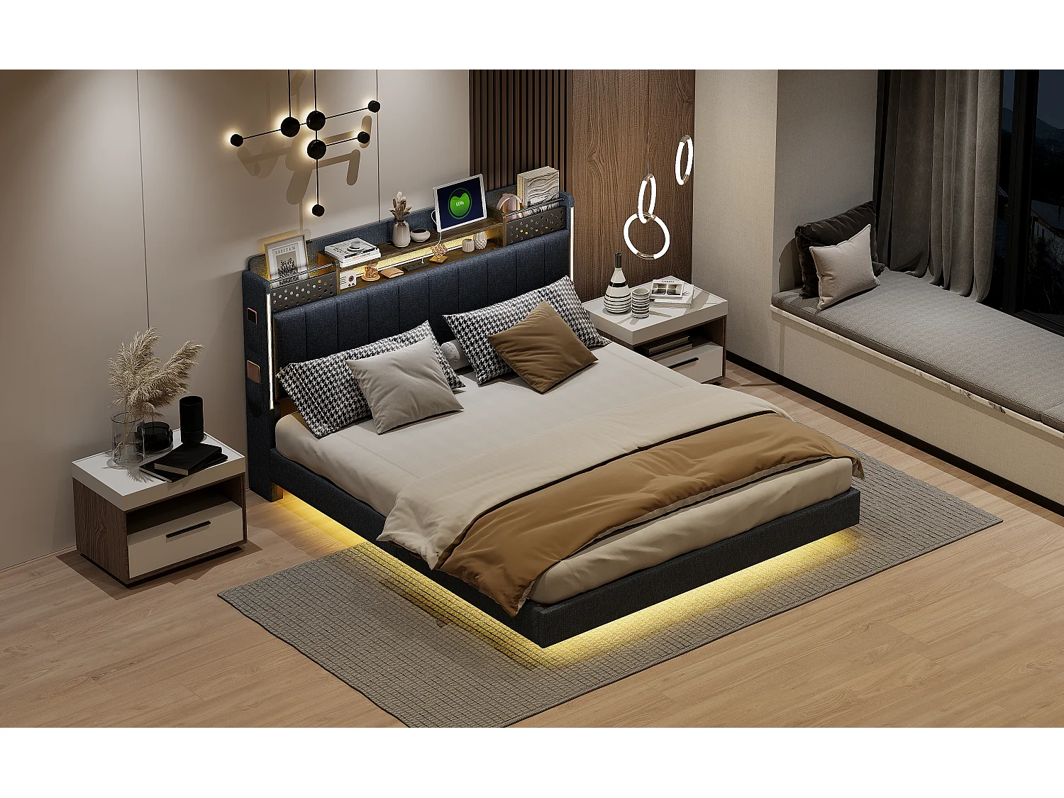 Lit capitonné 160 x 200 cm avec tête de lit rangement - Eclairage LED et prise USB - Tissu en lin - Gris