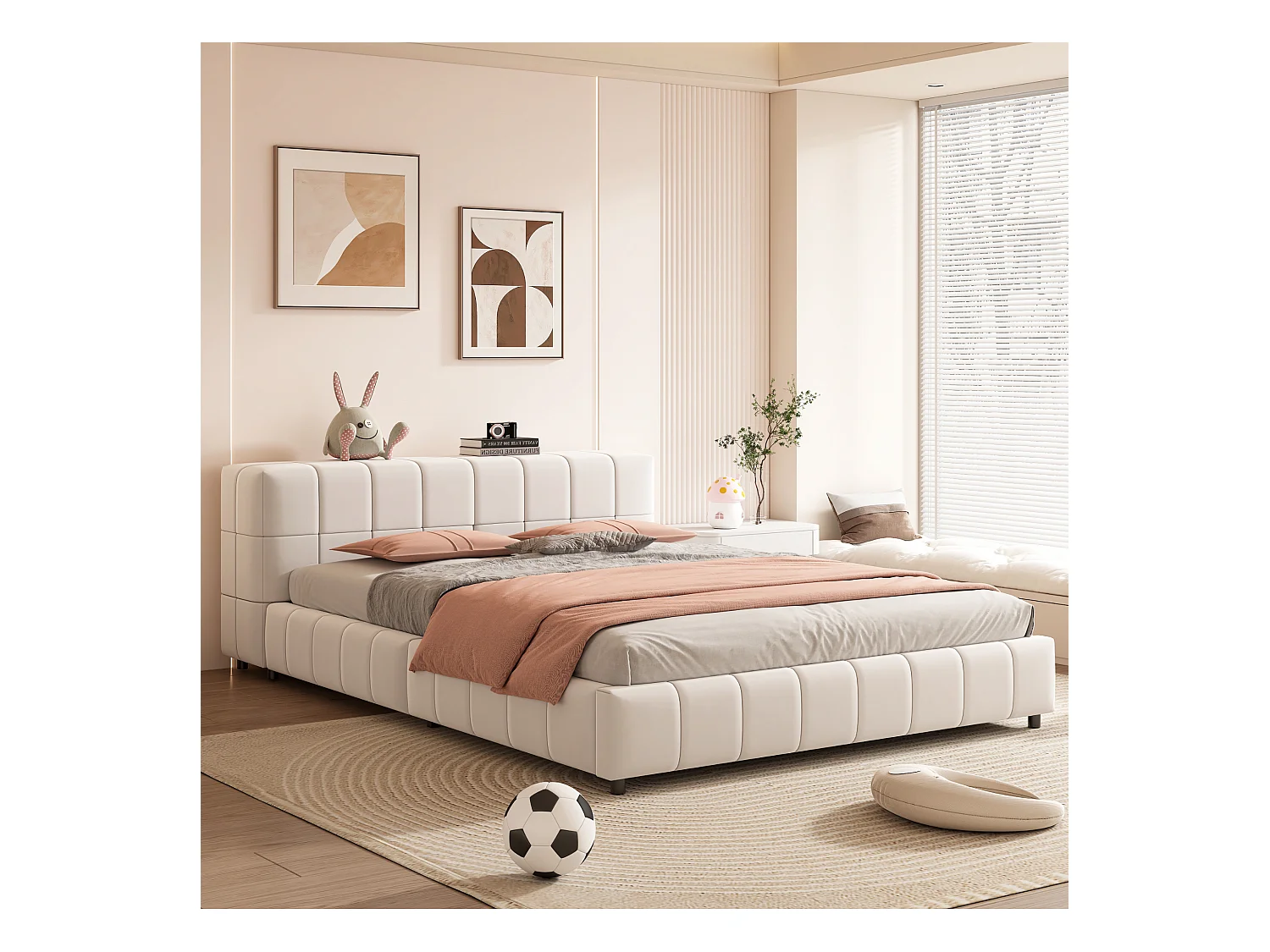 Lit capitonné 140 x 200 cm, tête de lit avec rangements, tissu velours, sommier à lattes, beige