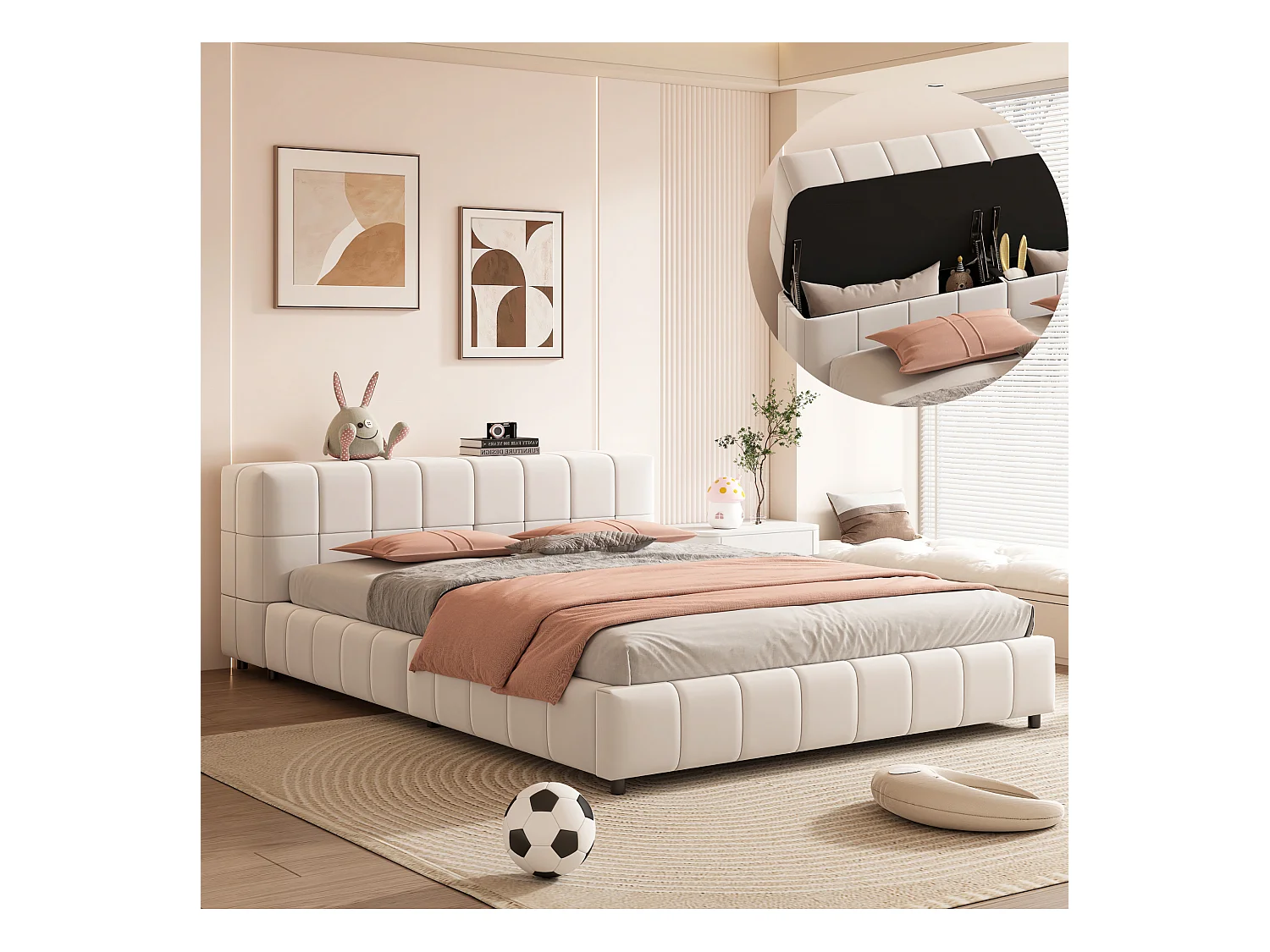 Lit capitonné 140 x 200 cm, tête de lit avec rangements, tissu velours, sommier à lattes, beige