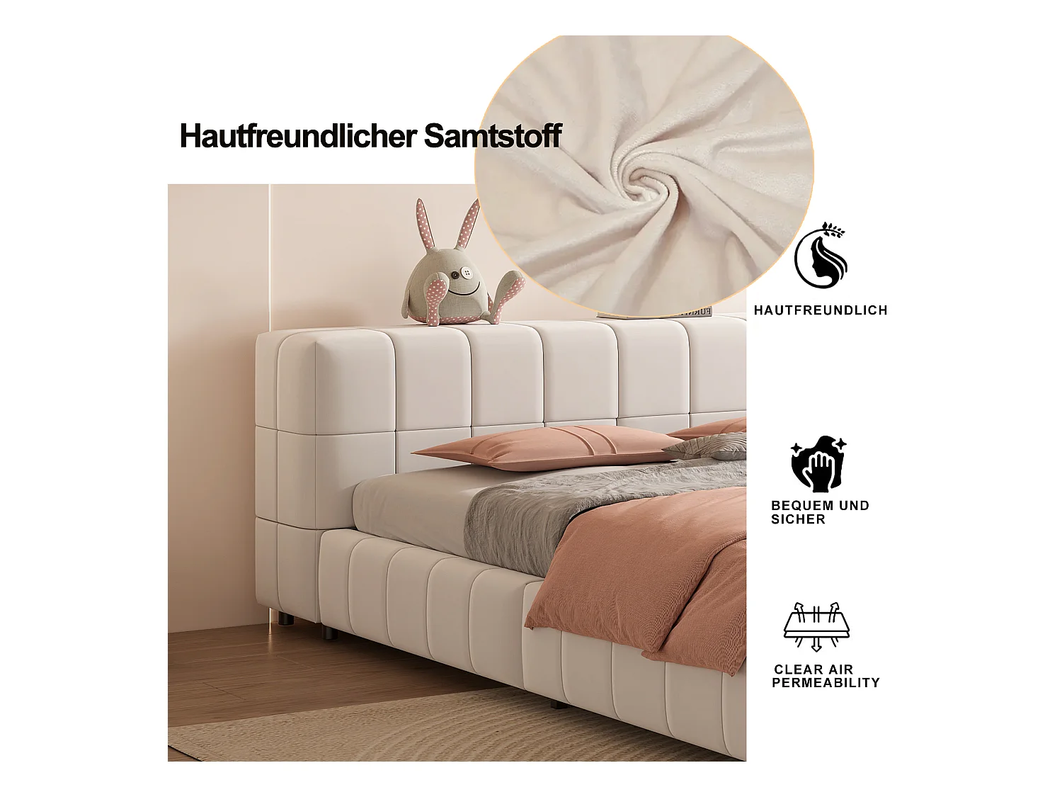 Lit capitonné 140 x 200 cm, tête de lit avec rangements, tissu velours, sommier à lattes, beige