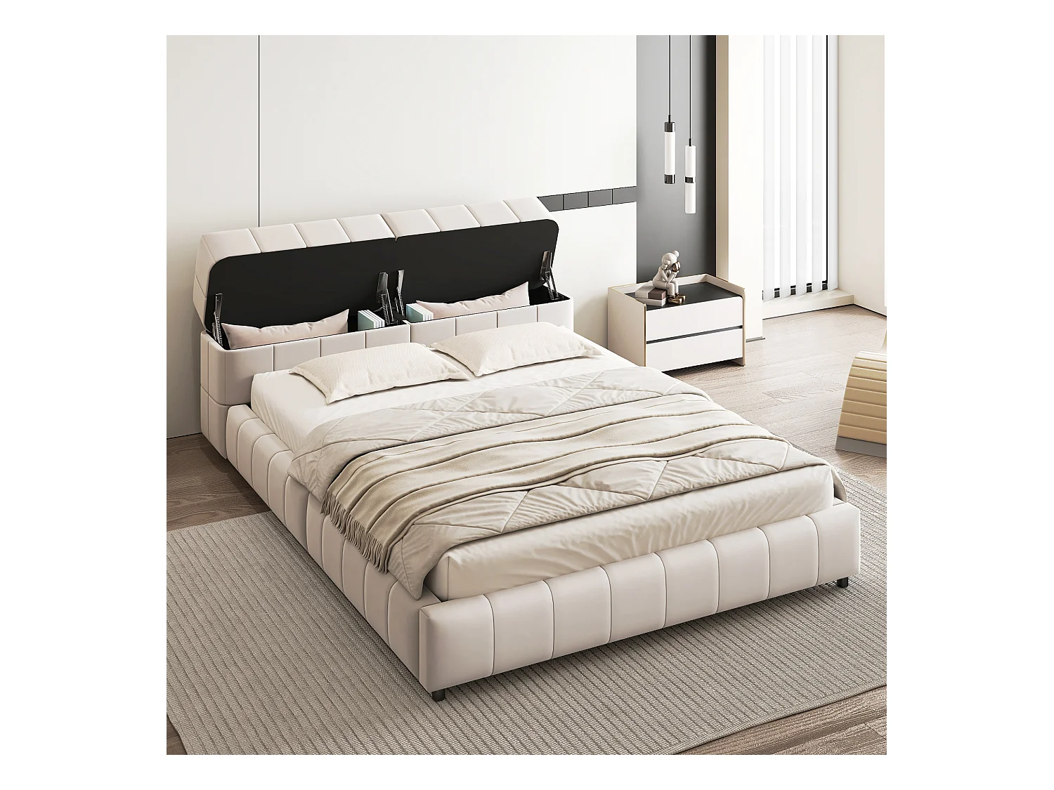 Lit capitonné 140 x 200 cm, tête de lit avec rangements, tissu velours, sommier à lattes, beige
