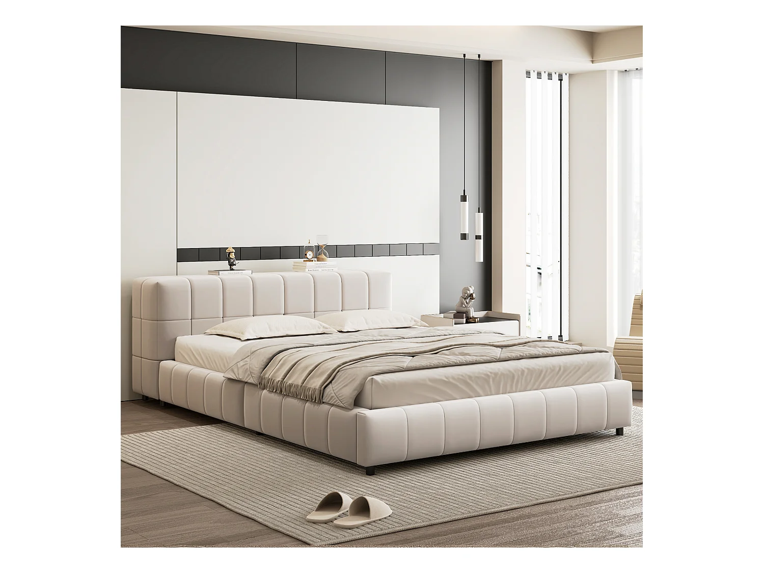 Lit capitonné 140 x 200 cm, tête de lit avec rangements, tissu velours, sommier à lattes, beige