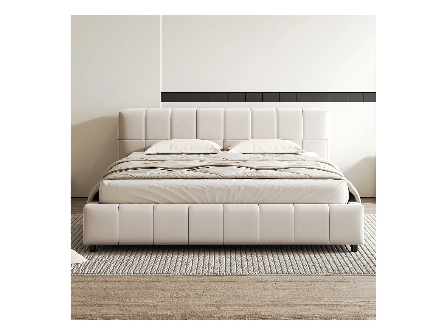 Lit capitonné 140 x 200 cm, tête de lit avec rangements, tissu velours, sommier à lattes, beige