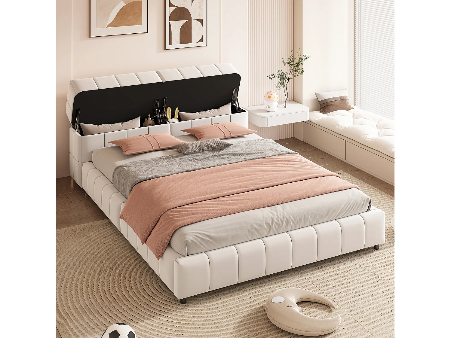 Lit capitonné 140 x 200 cm, tête de lit avec rangements, tissu velours, sommier à lattes, beige