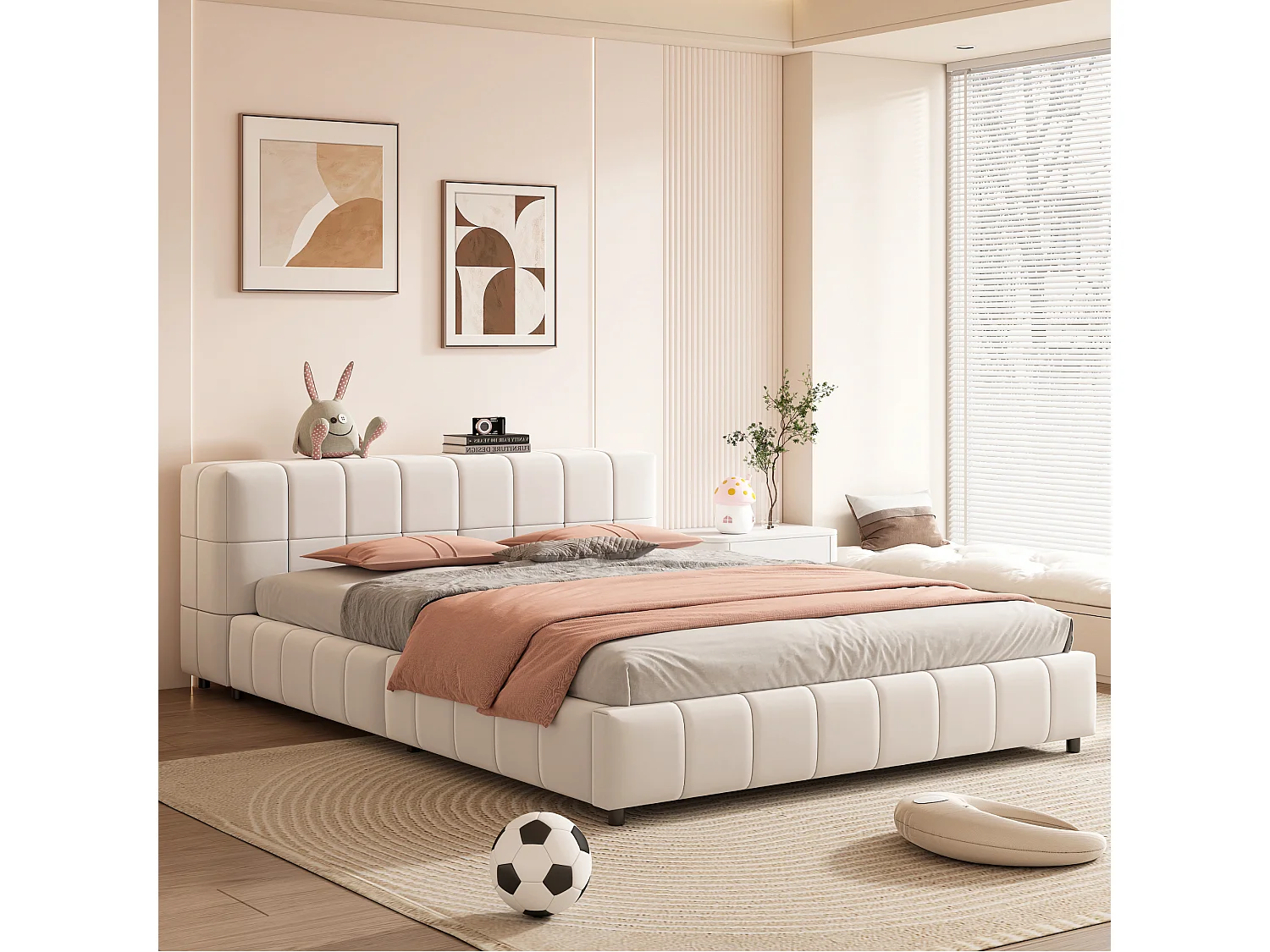 Lit capitonné 140 x 200 cm, tête de lit avec rangements, tissu velours, sommier à lattes, beige