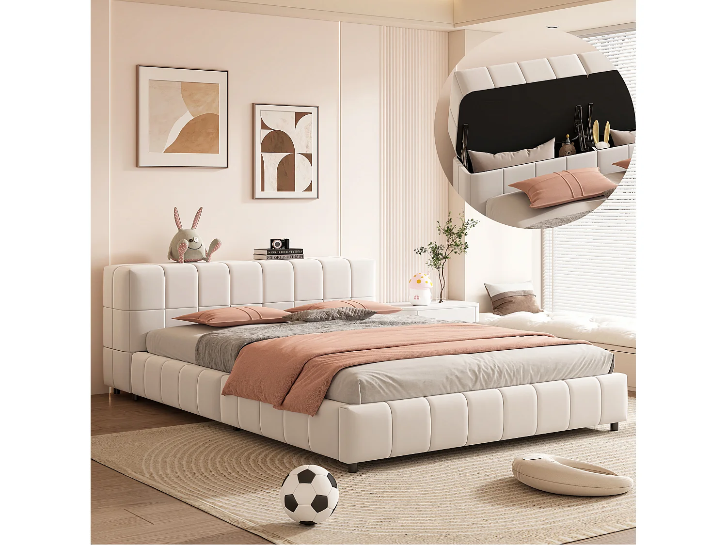 Lit capitonné 140 x 200 cm, tête de lit avec rangements, tissu velours, sommier à lattes, beige