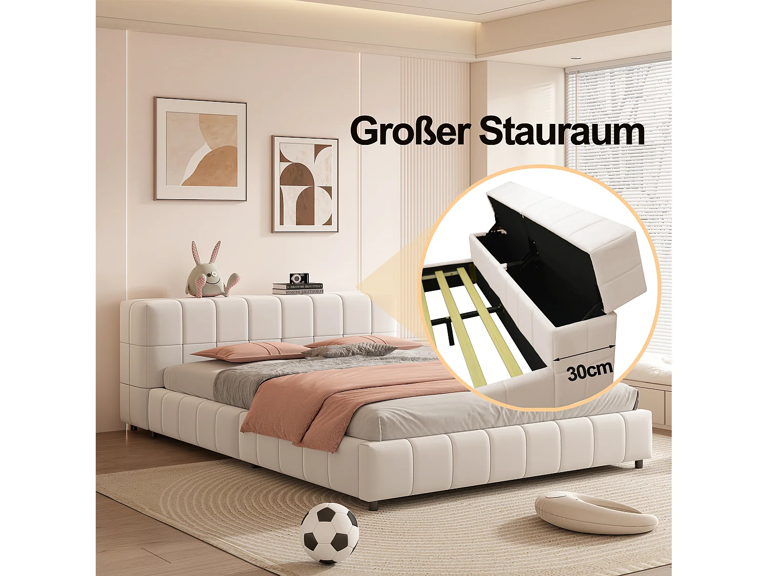 Lit capitonné 140 x 200 cm, tête de lit avec rangements, tissu velours, sommier à lattes, beige