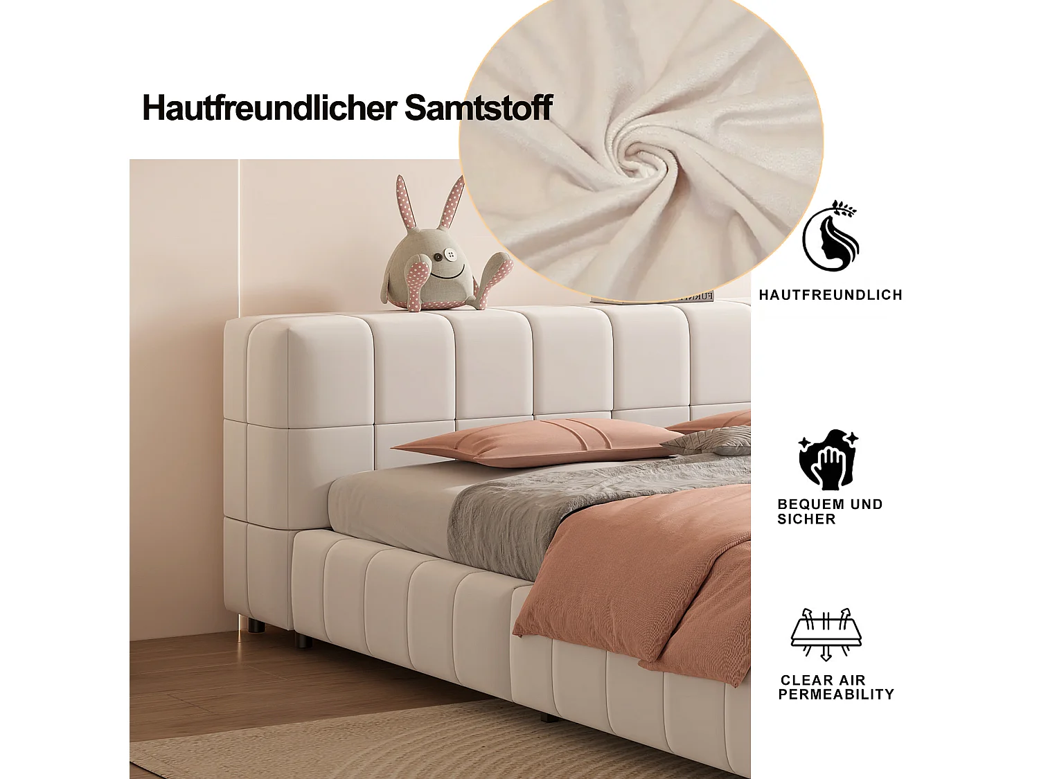 Lit capitonné 140 x 200 cm, tête de lit avec rangements, tissu velours, sommier à lattes, beige