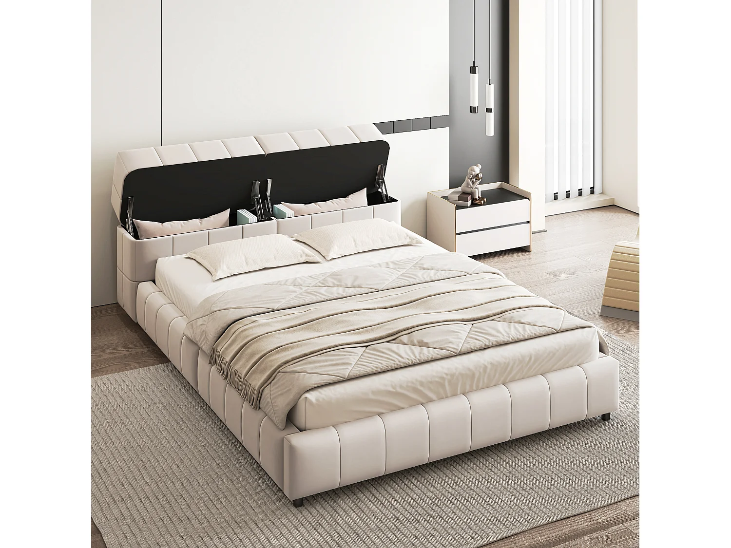 Lit capitonné 140 x 200 cm, tête de lit avec rangements, tissu velours, sommier à lattes, beige