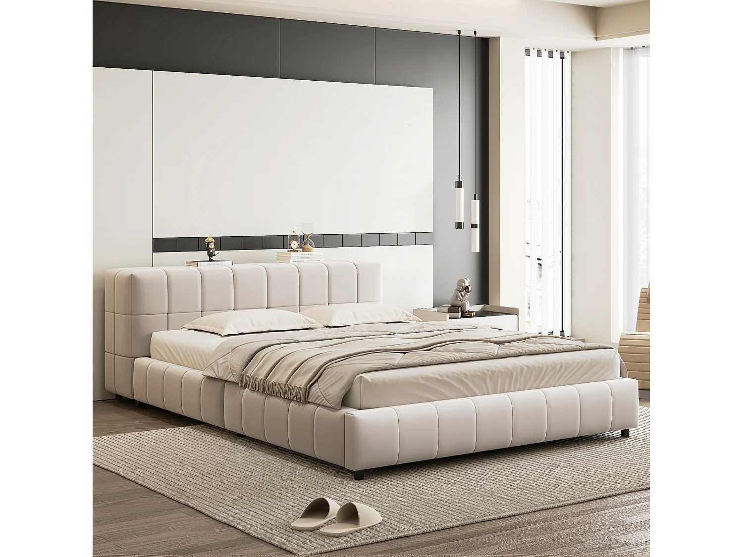 Lit capitonné 140 x 200 cm, tête de lit avec rangements, tissu velours, sommier à lattes, beige