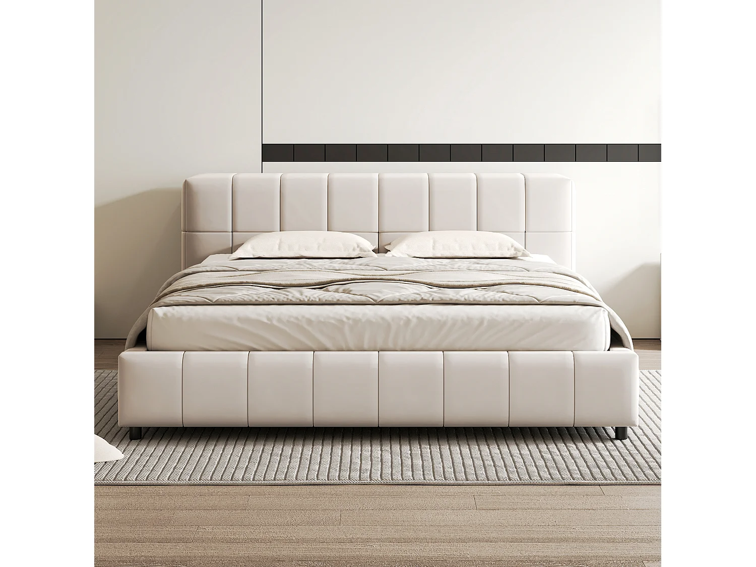 Lit capitonné 140 x 200 cm, tête de lit avec rangements, tissu velours, sommier à lattes, beige