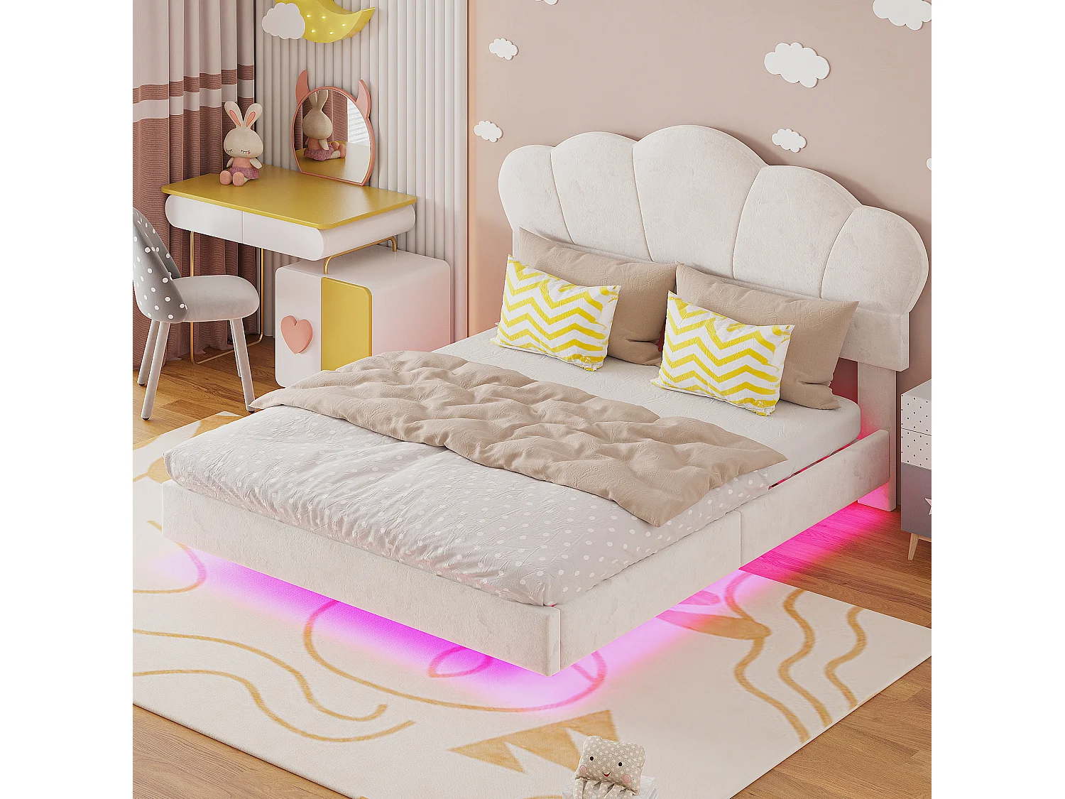 Gestoffeerd bed 140 x 200 cm met LED-strip, fluwelen stof, wolkenpatroon, beige