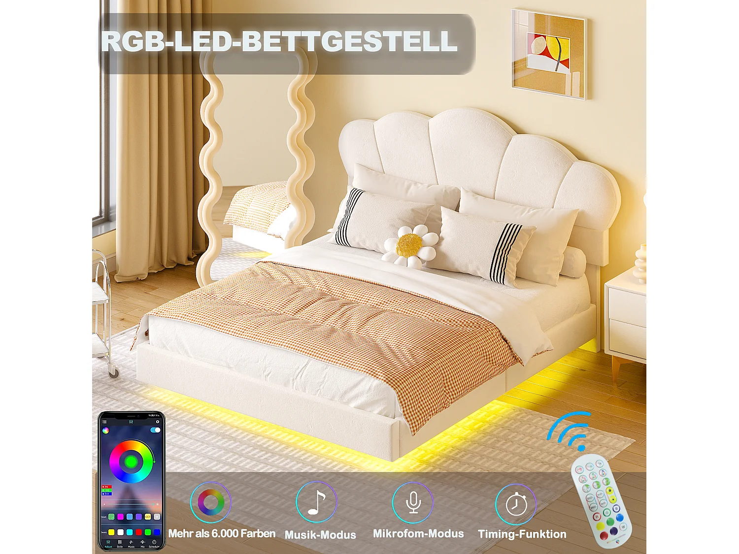 Gestoffeerd bed 140 x 200 cm met LED-strip, fluwelen stof, wolkenpatroon, beige